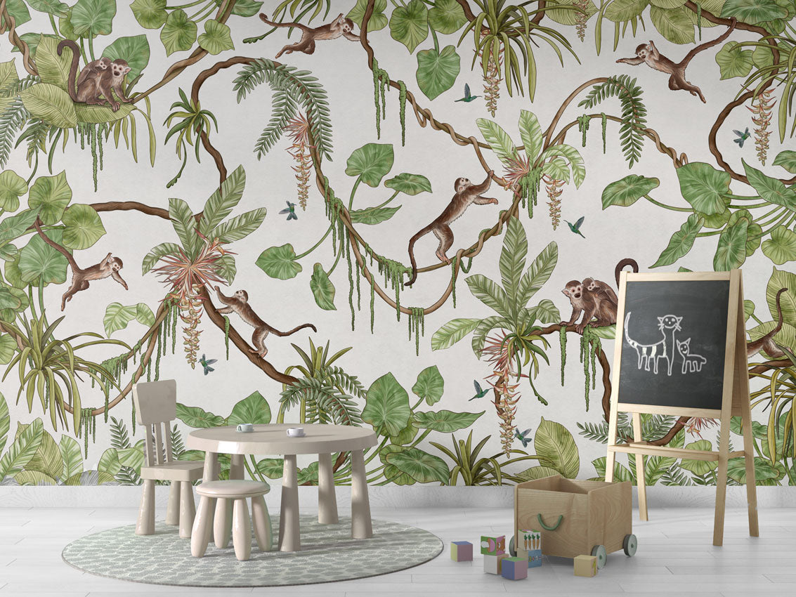 Playful Monkeys - white luxury wallpaper in kids room interior — Artehub Egypt