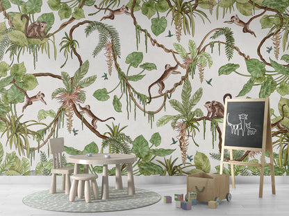 Playful Monkeys - white luxury wallpaper in kids room interior — Artehub Egypt
