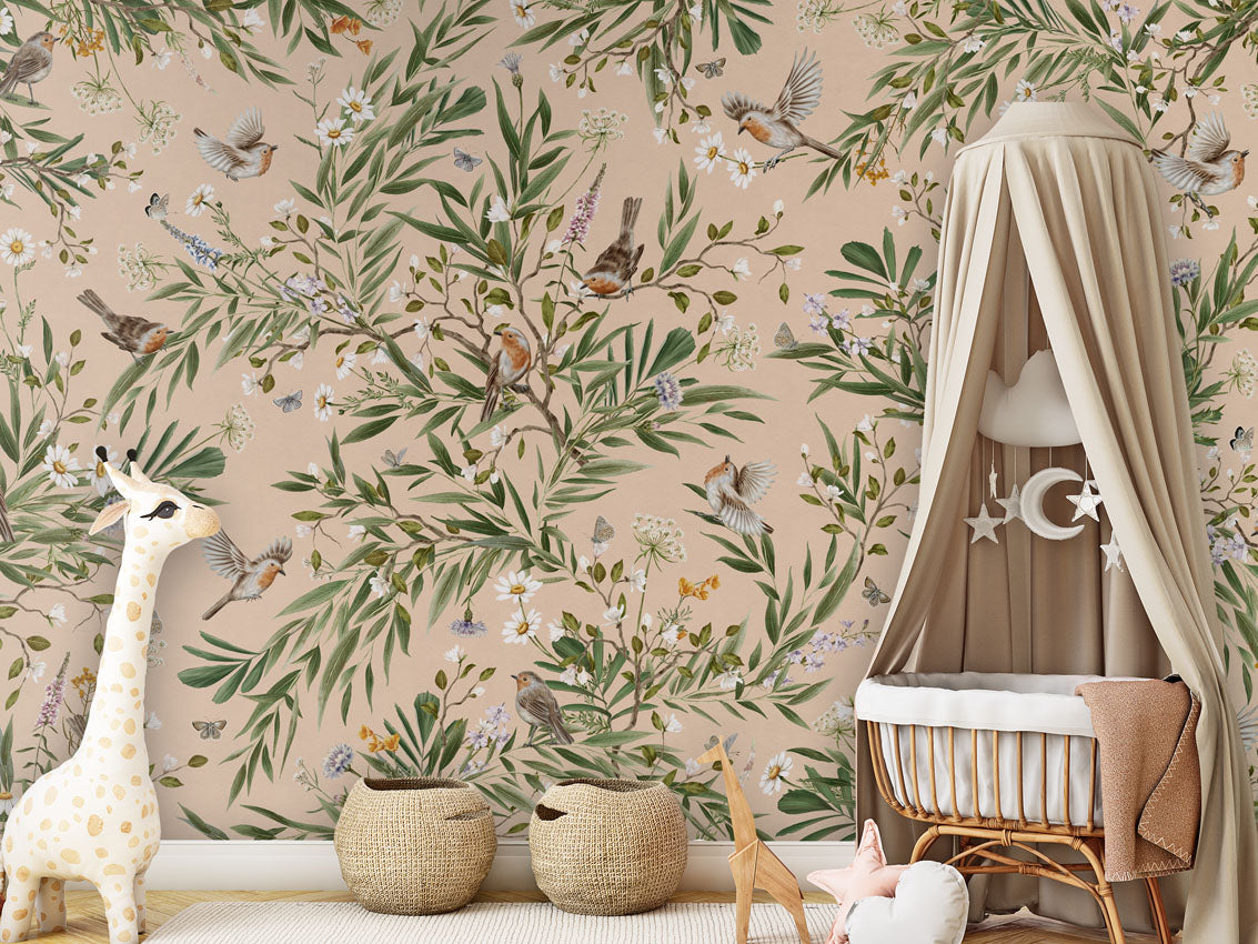Playful Robins - beige luxury wallpaper in kids room interior — Artehub Egypt