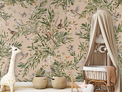 Playful Robins - beige luxury wallpaper in kids room interior — Artehub Egypt