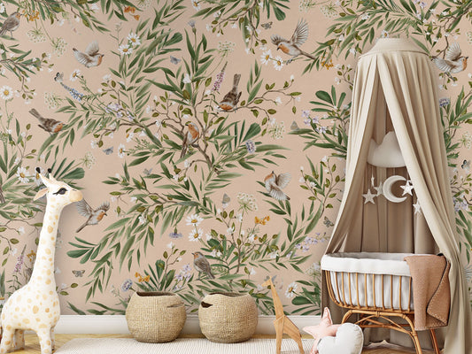 Playful Robins - beige luxury wallpaper in kids room interior — Artehub Egypt