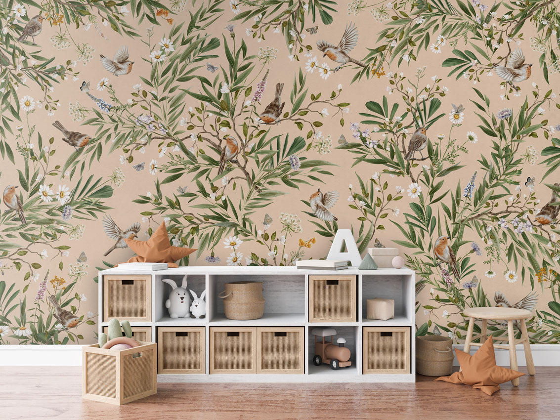 Playful Robins - beige luxury wallpaper in kids room interior — Artehub Egypt
