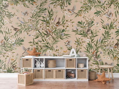 Playful Robins - beige luxury wallpaper in kids room interior — Artehub Egypt
