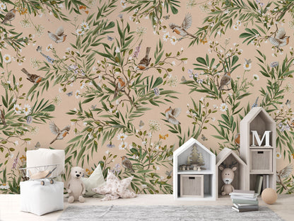 Playful Robins - beige luxury wallpaper in kids room interior — Artehub Egypt