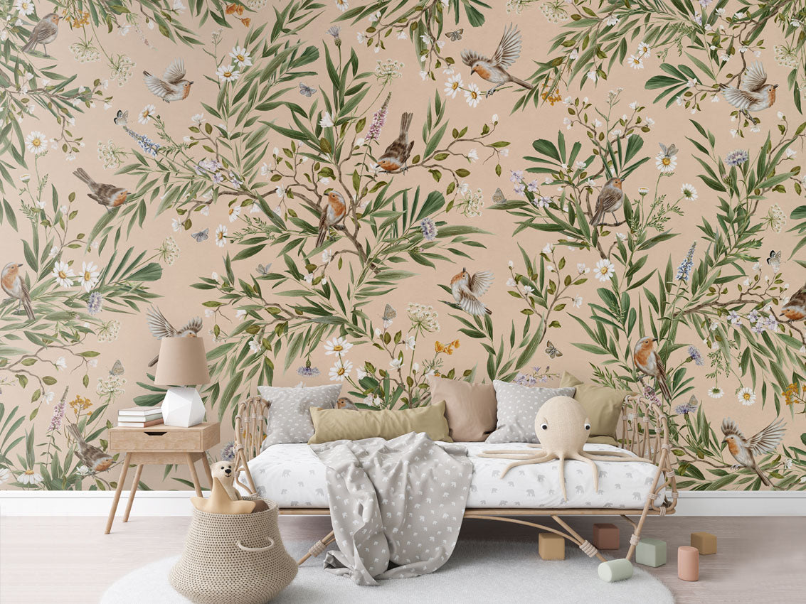 Playful Robins - beige luxury wallpaper in kids room interior — Artehub Egypt