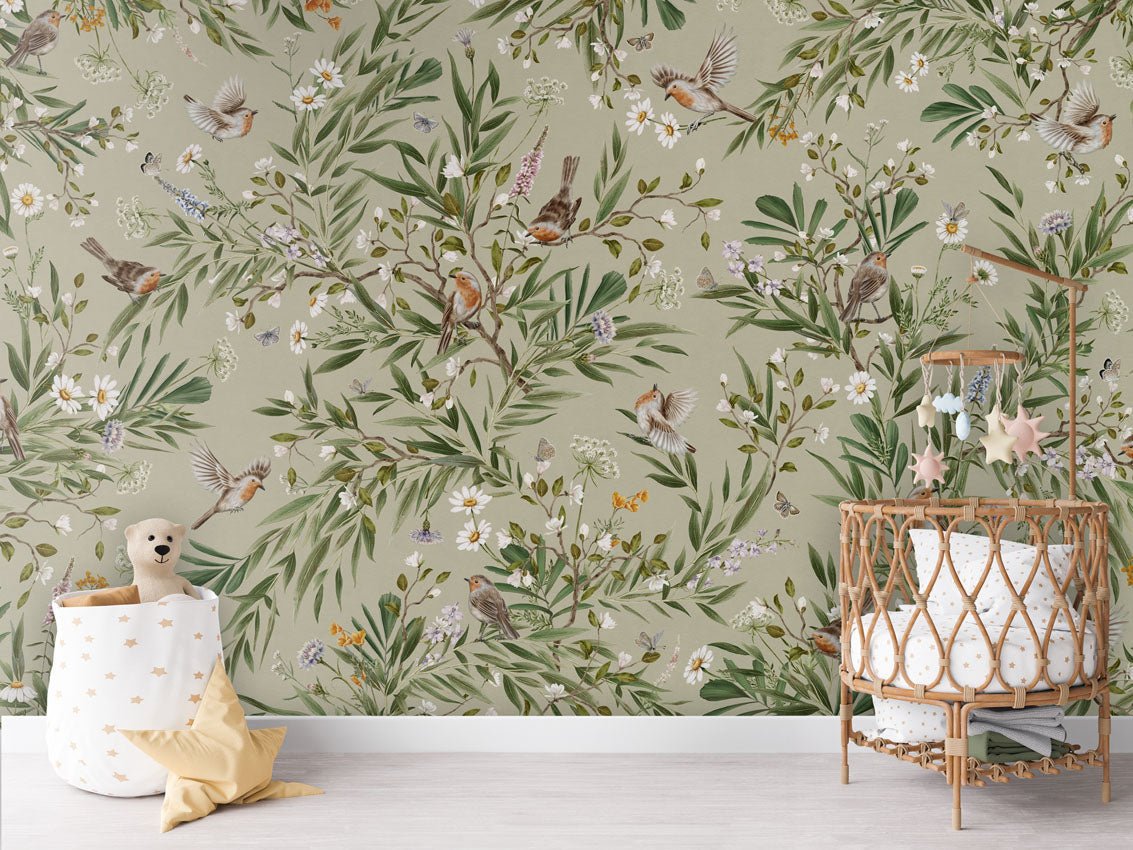 Playful Robins - green luxury wallpaper in kids room interior — Artehub Egypt