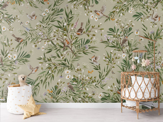 Playful Robins - green luxury wallpaper in kids room interior — Artehub Egypt