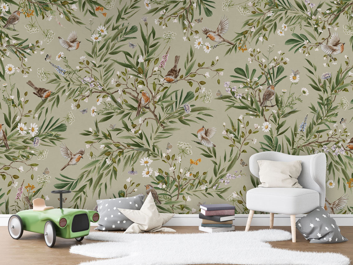Playful Robins - green luxury wallpaper in kids room interior — Artehub Egypt