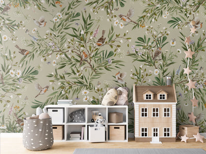 Playful Robins - green luxury wallpaper in kids room interior — Artehub Egypt