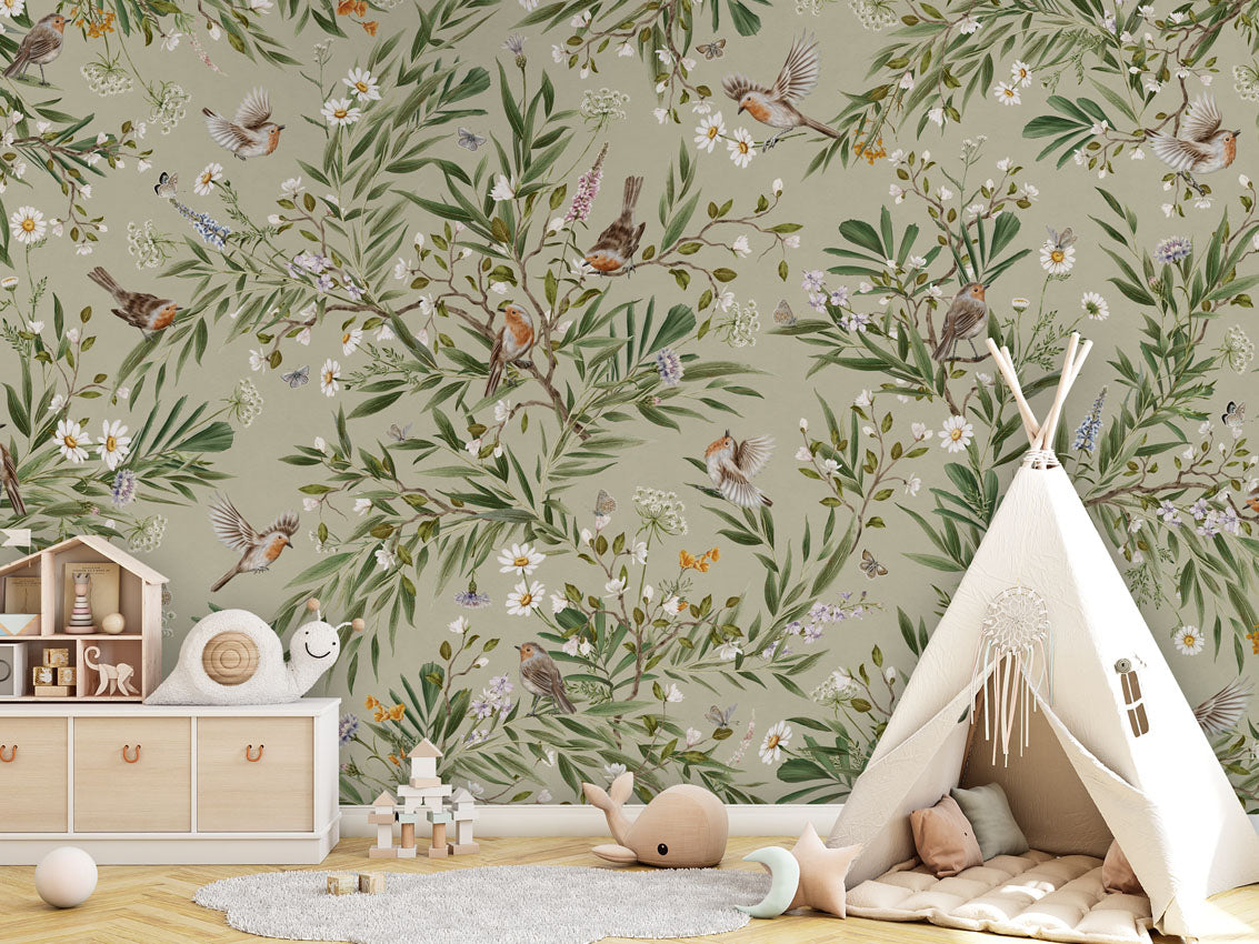 Playful Robins - green luxury wallpaper in kids room interior — Artehub Egypt