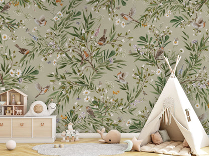 Playful Robins - green luxury wallpaper in kids room interior — Artehub Egypt