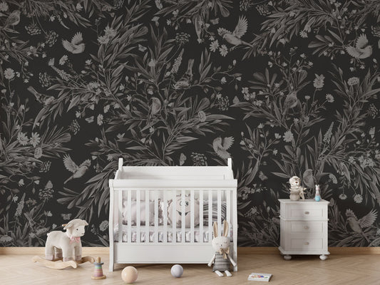 Playful Robins - Monochrome - black luxury wallpaper in kids room interior — Artehub Egypt