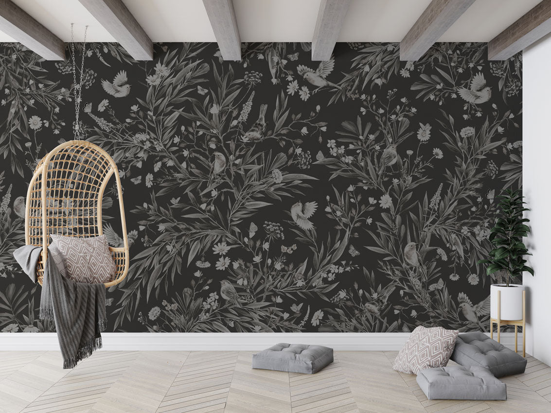 Playful Robins - Monochrome - black luxury wallpaper in kids room interior — Artehub Egypt