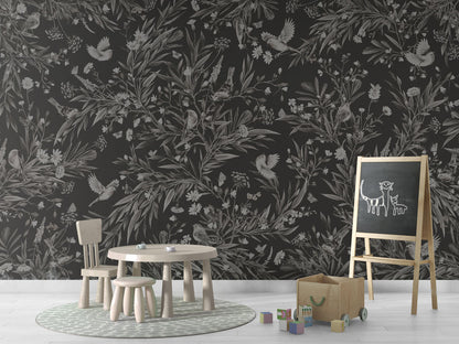 Playful Robins - Monochrome - black luxury wallpaper in kids room interior — Artehub Egypt