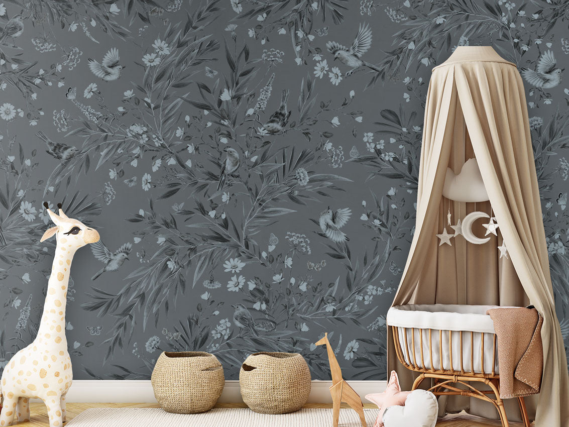 Playful Robins - Monochrome - blue luxury wallpaper in kids room interior — Artehub Egypt