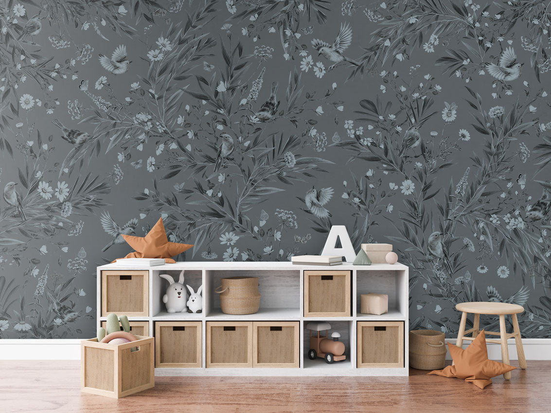 Playful Robins - Monochrome - blue luxury wallpaper in kids room interior — Artehub Egypt