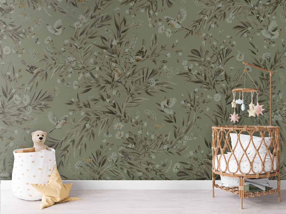 Playful Robins - Monochrome - green luxury wallpaper in kids room interior — Artehub Egypt