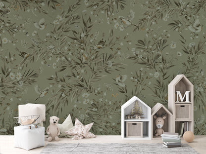 Playful Robins - Monochrome - green luxury wallpaper in kids room interior — Artehub Egypt