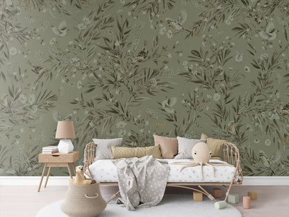 Playful Robins - Monochrome - green luxury wallpaper in kids room interior — Artehub Egypt