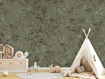 Playful Robins - Monochrome - green luxury wallpaper in kids room interior — Artehub Egypt