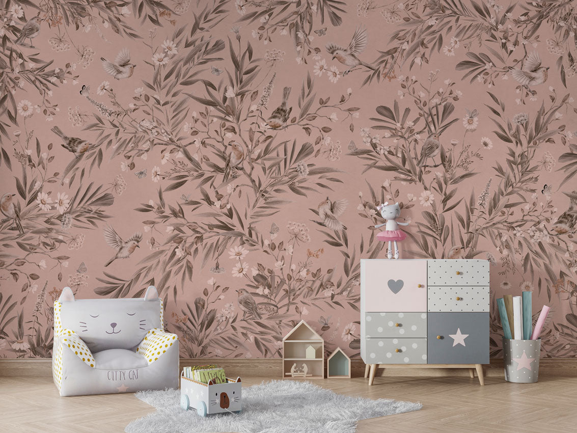 Playful Robins - Monochrome - pink luxury wallpaper in kids room interior — Artehub Egypt