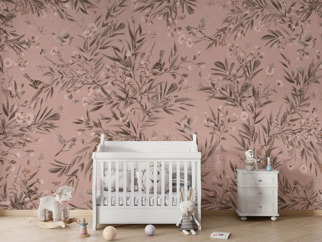 Playful Robins - Monochrome - pink luxury wallpaper in kids room interior — Artehub Egypt