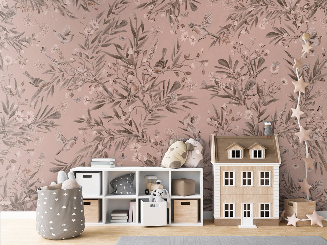 Playful Robins - Monochrome - pink luxury wallpaper in kids room interior — Artehub Egypt