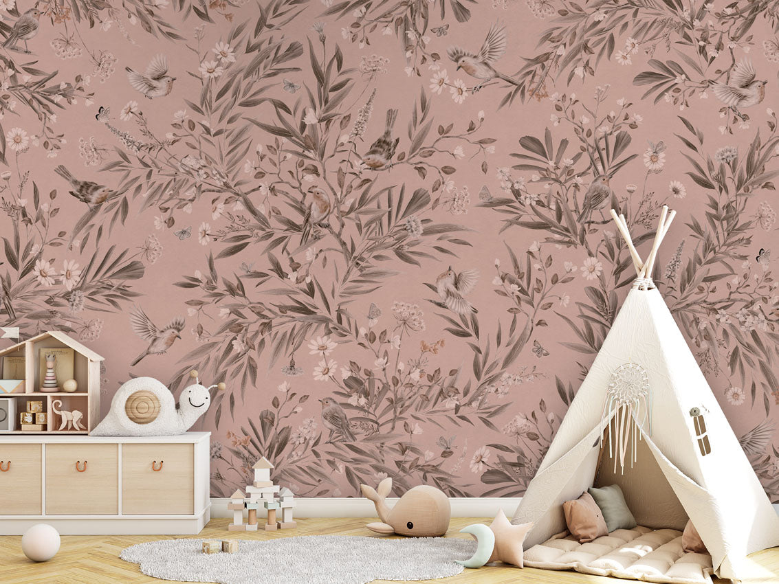 Playful Robins - Monochrome - pink luxury wallpaper in kids room interior — Artehub Egypt