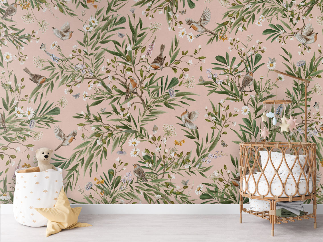 Playful Robins - pink luxury wallpaper in kids room interior — Artehub Egypt