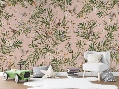 Playful Robins - pink luxury wallpaper in kids room interior — Artehub Egypt