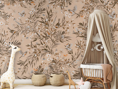Playful Robins - Vintage - beige luxury wallpaper in kids room interior — Artehub Egypt