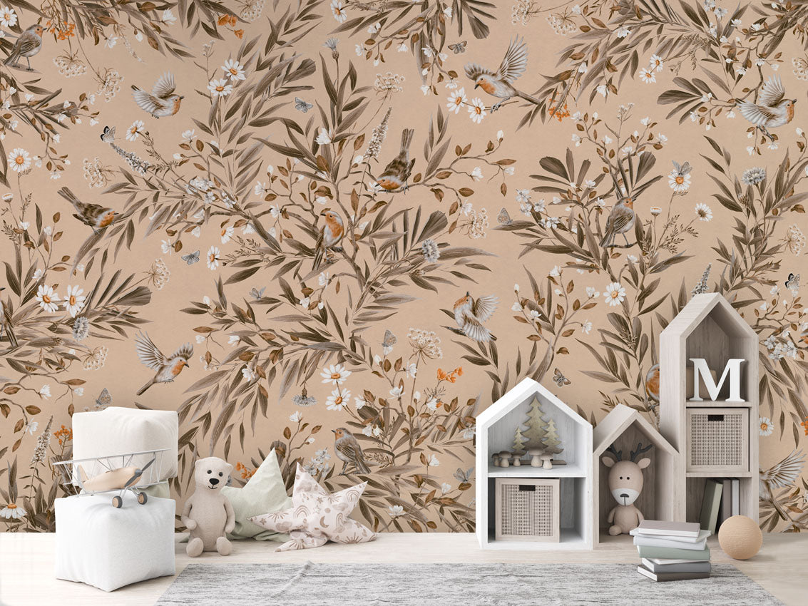 Playful Robins - Vintage - beige luxury wallpaper in kids room interior — Artehub Egypt