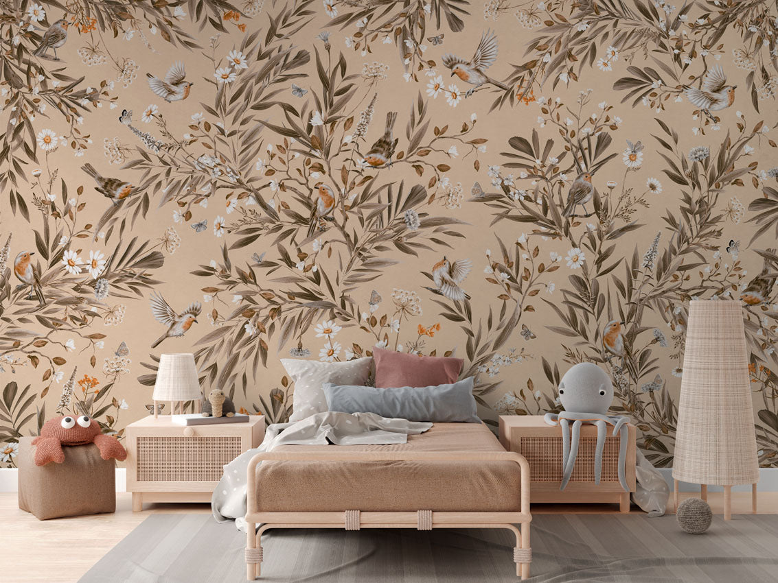 Playful Robins - Vintage - beige luxury wallpaper in kids room interior — Artehub Egypt