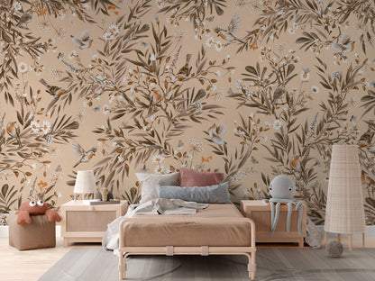 Playful Robins - Vintage - beige luxury wallpaper in kids room interior — Artehub Egypt