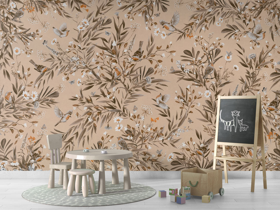 Playful Robins - Vintage - beige luxury wallpaper in kids room interior — Artehub Egypt