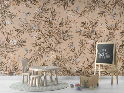 Playful Robins - Vintage - beige luxury wallpaper in kids room interior — Artehub Egypt