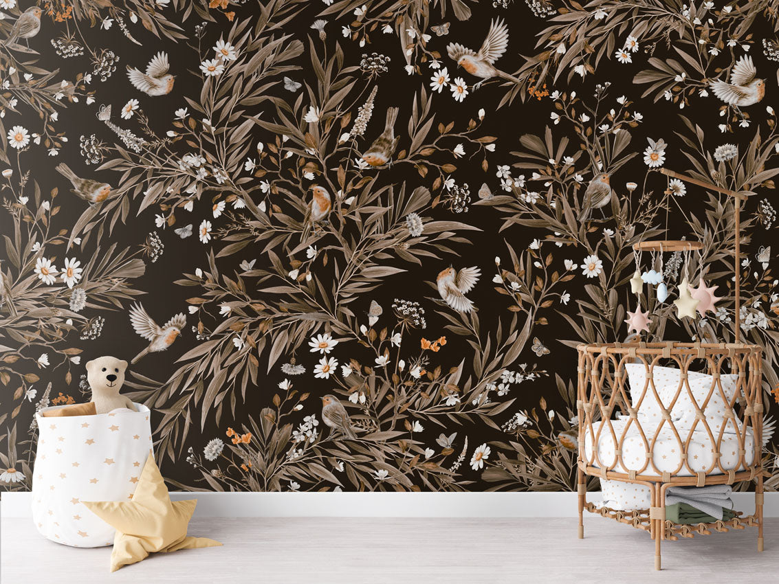 Playful Robins - Vintage - black luxury wallpaper in kids room interior — Artehub Egypt