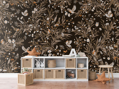Playful Robins - Vintage - black luxury wallpaper in kids room interior — Artehub Egypt