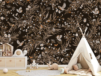 Playful Robins - Vintage - black luxury wallpaper in kids room interior — Artehub Egypt