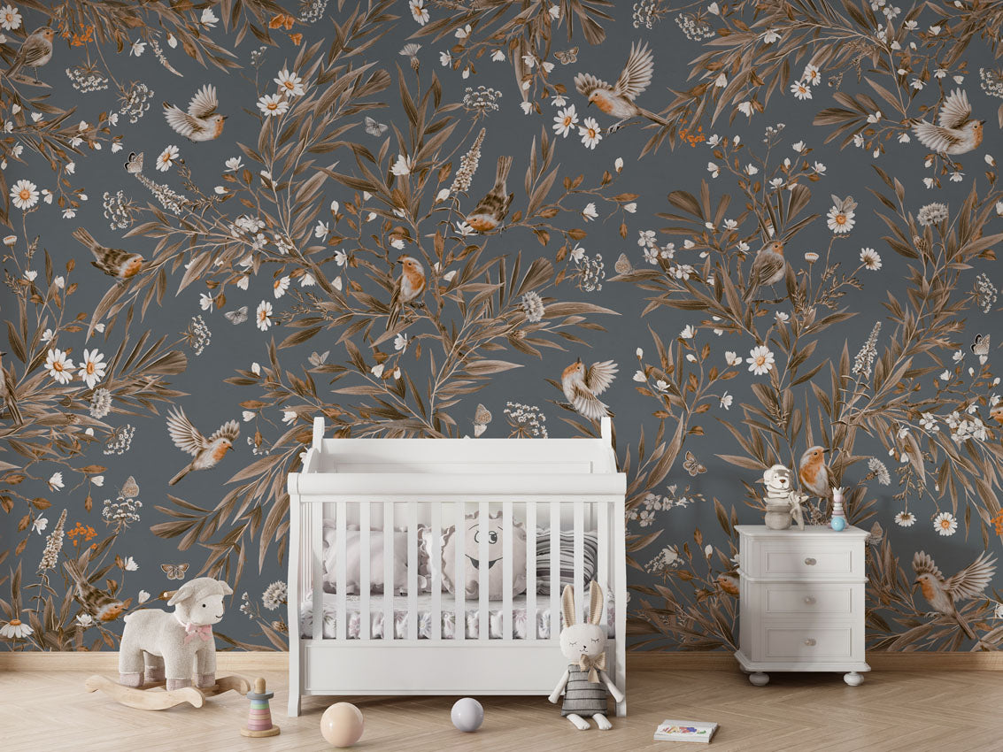 Playful Robins - Vintage - blue luxury wallpaper in kids room interior — Artehub Egypt
