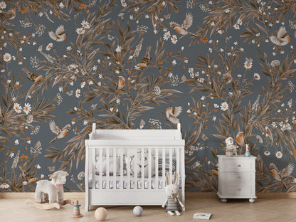 Playful Robins - Vintage - blue luxury wallpaper in kids room interior — Artehub Egypt