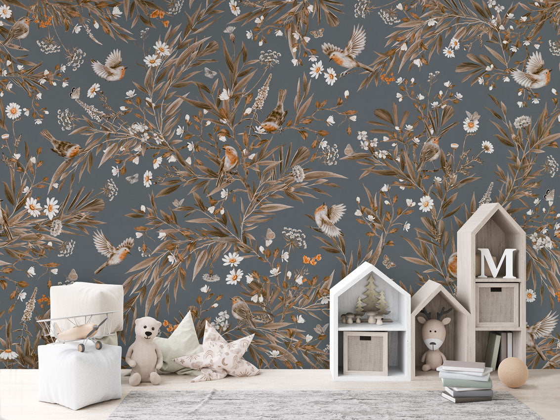 Playful Robins - Vintage - blue luxury wallpaper in kids room interior — Artehub Egypt