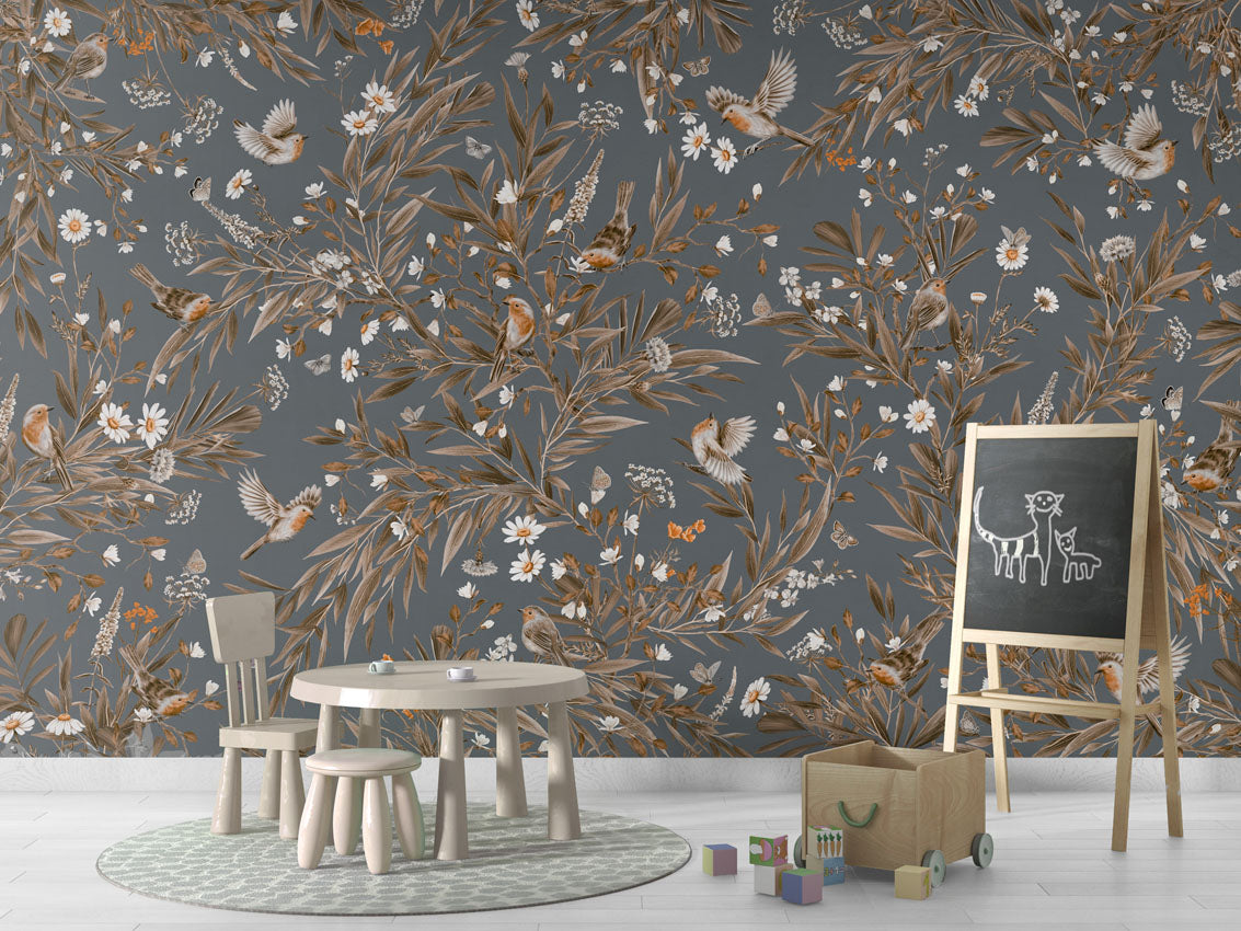 Playful Robins - Vintage - blue luxury wallpaper in kids room interior — Artehub Egypt