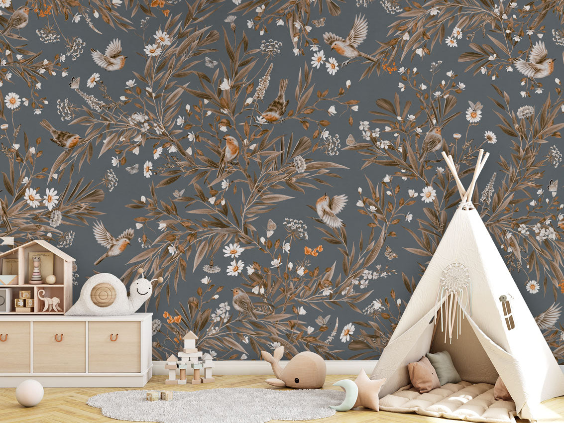 Playful Robins - Vintage - blue luxury wallpaper in kids room interior — Artehub Egypt