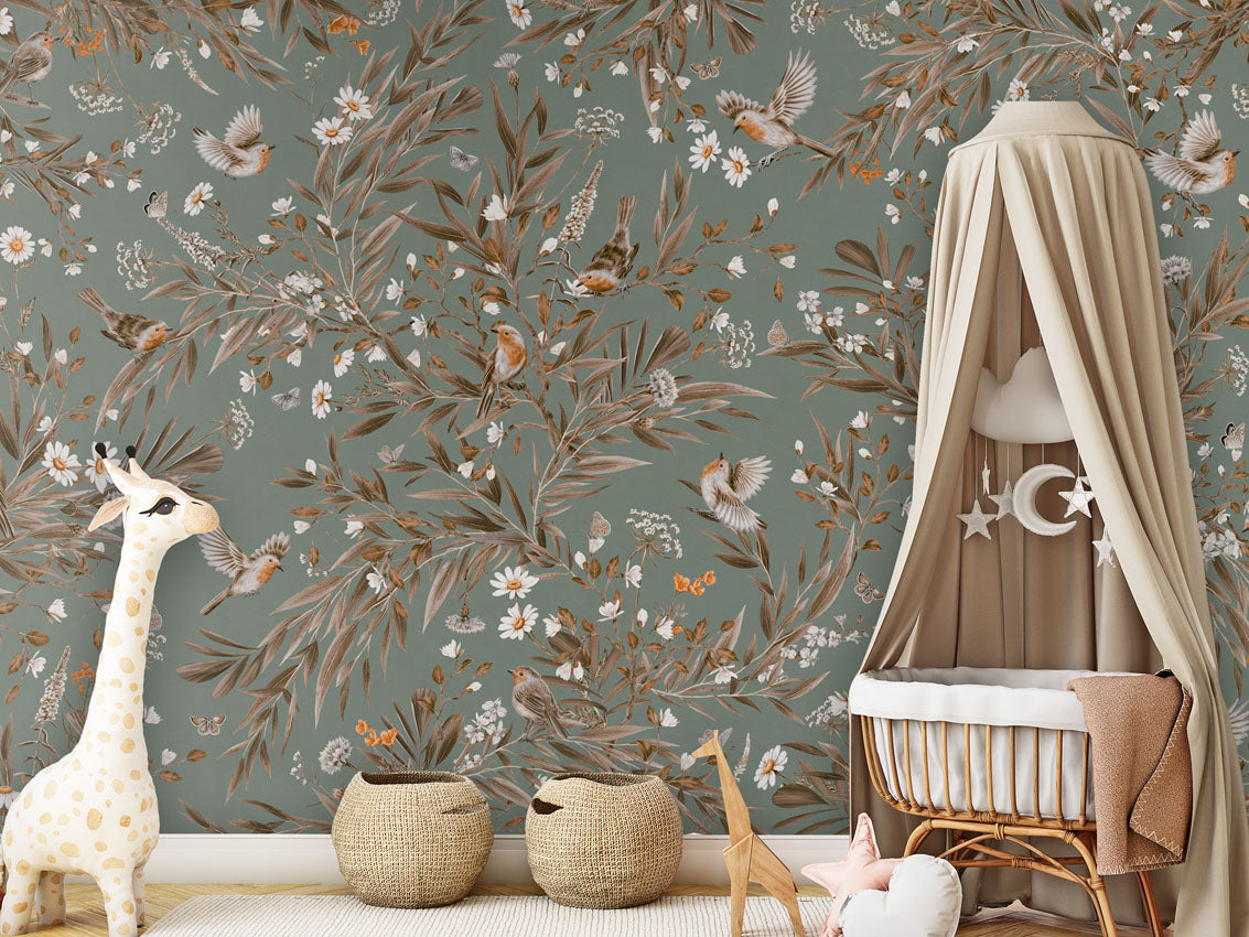 Playful Robins - Vintage - green luxury wallpaper in kids room interior — Artehub Egypt