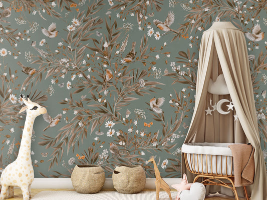 Playful Robins - Vintage - green luxury wallpaper in kids room interior — Artehub Egypt
