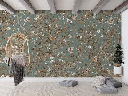 Playful Robins - Vintage - green luxury wallpaper in kids room interior — Artehub Egypt
