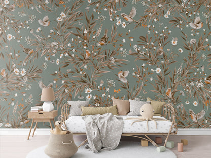Playful Robins - Vintage - green luxury wallpaper in kids room interior — Artehub Egypt