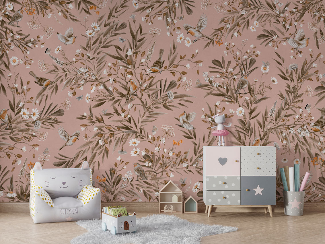 Playful Robins - Vintage - pink luxury wallpaper in kids room interior — Artehub Egypt