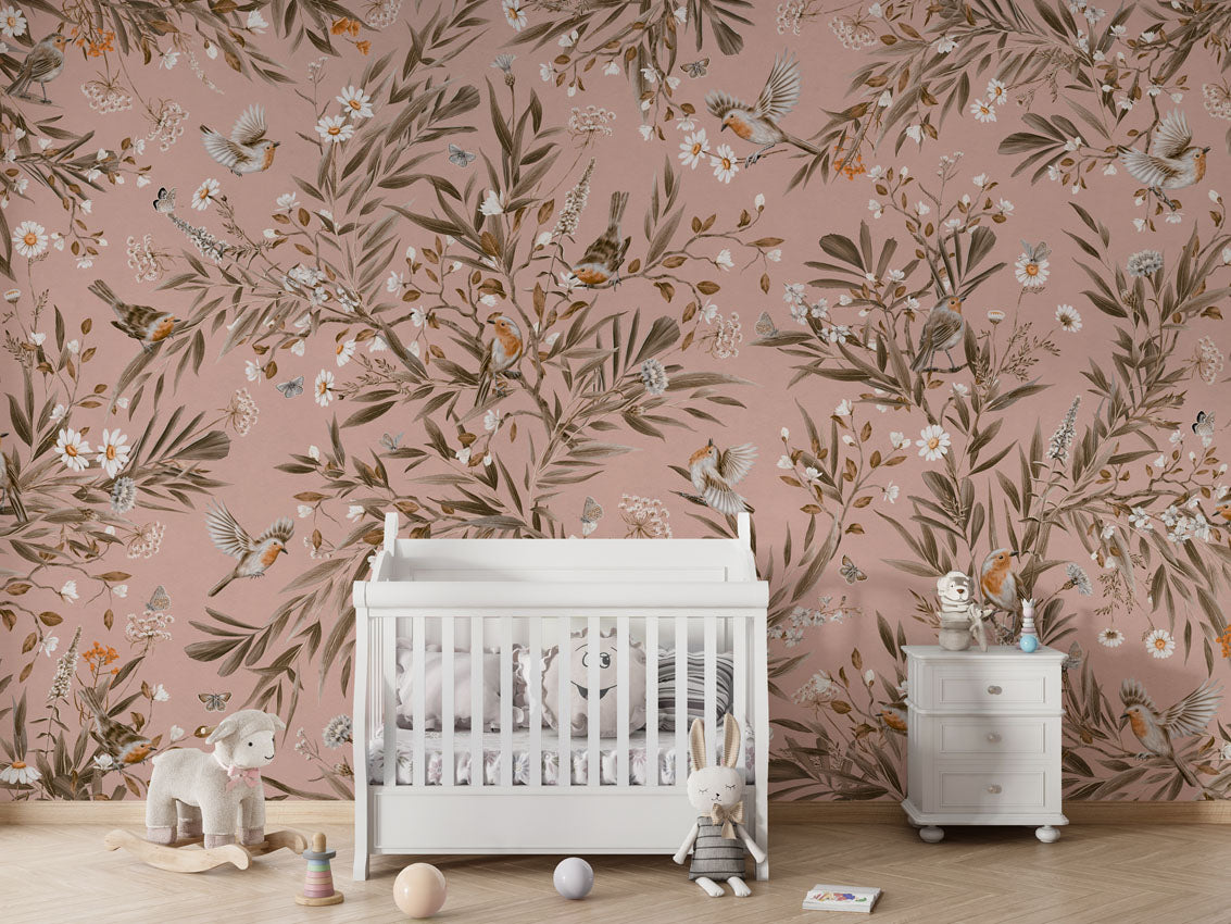 Playful Robins - Vintage - pink luxury wallpaper in kids room interior — Artehub Egypt